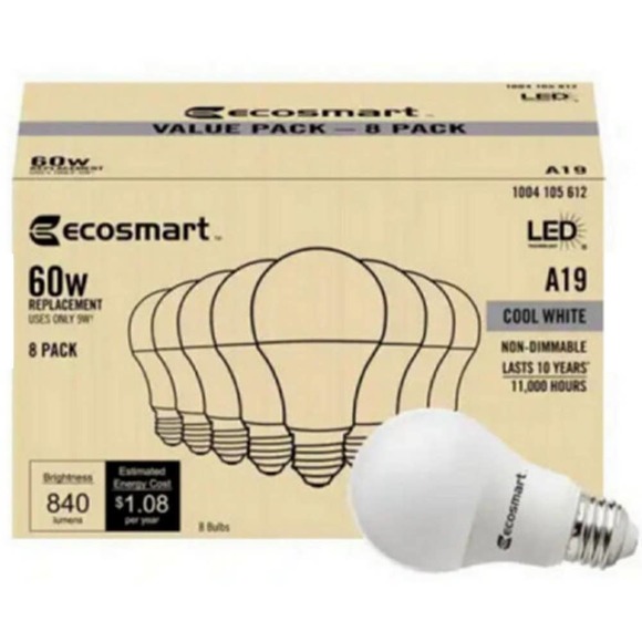 (16 PK) EcoSmart 9W 60W Equivalent Cool White A19 Non-Dimmable LED Light Bulbs - Picture 3 of 3